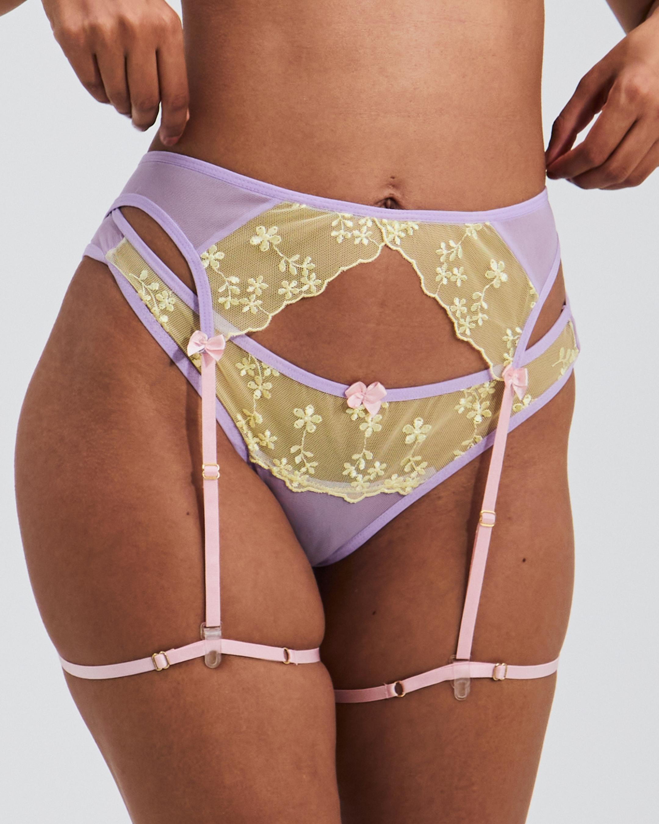 Love Hearts Embroidered Suspender Belt, Garter Straps & Full Mesh Brief