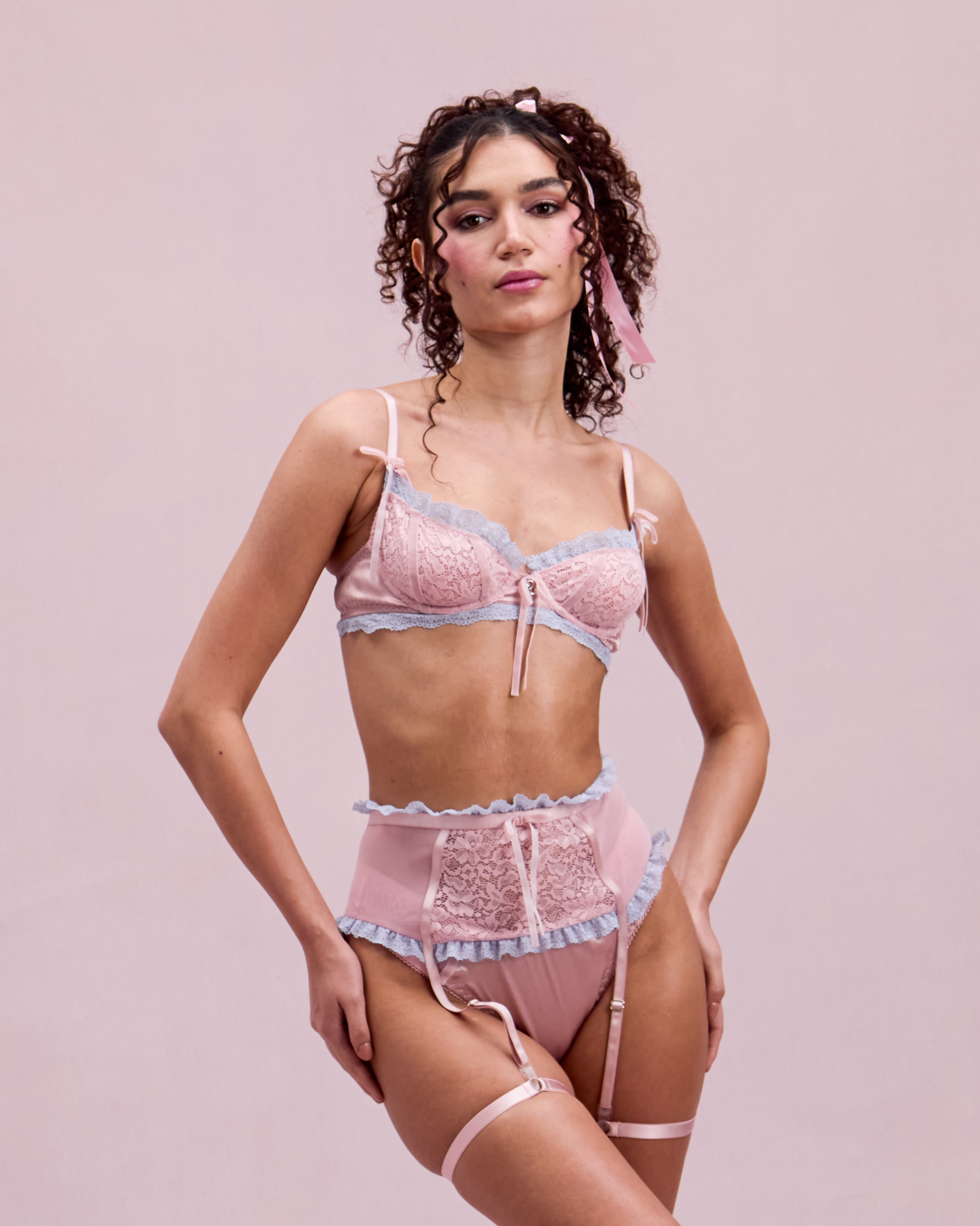 Princess & The Pea Lace/Mesh Longline Suspender Belt, Garter Straps & Mesh Thong